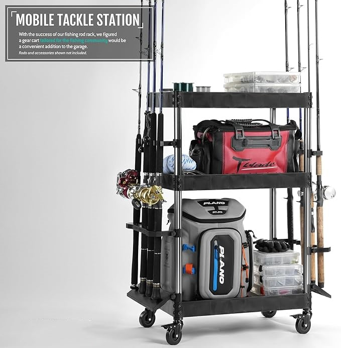 Mobile Tackle Station 16 Fishing Rod Holder Cart w/Wheels, Adjustable Rack for Different Rod & Reel, 3-Level Fishing Gear Storage Pole Organizer for Garage Home Indoor Use