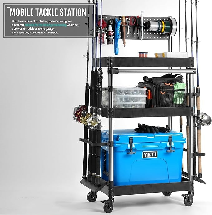 Mobile Tackle Station 16 Fishing Rod Holder Cart w/Wheels, Adjustable Rack for Different Rod & Reel, 3-Level Fishing Gear Storage Pole Organizer for Garage Home Indoor Use